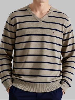 Tommy Hilfiger Beige and Navy Striped V-Neck Sweater Men's Size XL